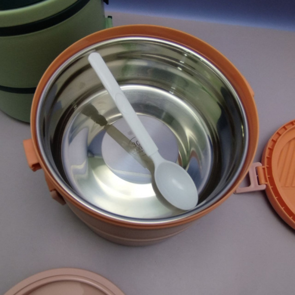 Ланч - бокс из нержавеющей стали 2 отделения (яруса) 1000 мл. / Многоразовый контейнер с приборами и с ручкой, Оранжевый цвет